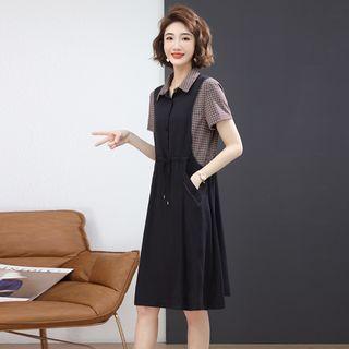 Short-sleeve Collar Mock Two-piece Plaid Smock Dress