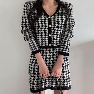Knit Set: Houndstooth Cardigan + Miniskirt One Size