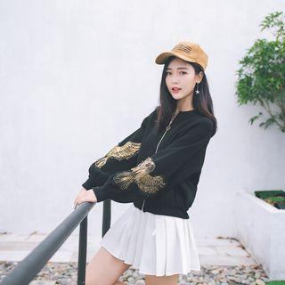 Bird Embroidered Knit Bomber Jacket