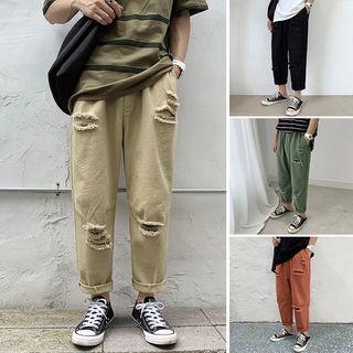 Band-waist Distressed Straight-cut Pants