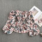 Off-shoulder Floral Print Chiffon Blouse Nude Pink - One Size