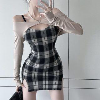 Spaghetti Strap Plaid Dress / Long-sleeve Shrug