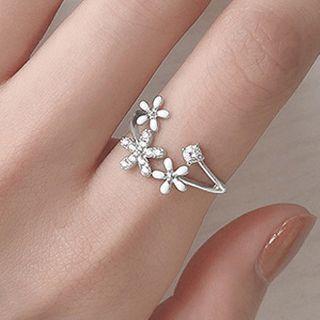 Rhinestone Flower Open Ring 1 Piece - Silver - One Size