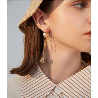 Faux Pearl Coin Pendant Ear Jacket 1 Pair - 925 Silver - Gold & White - One Size