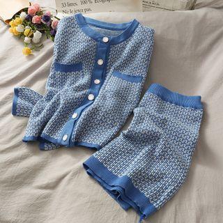 Set: Houndstooth Button-down Knit Top + Pencil Skirt