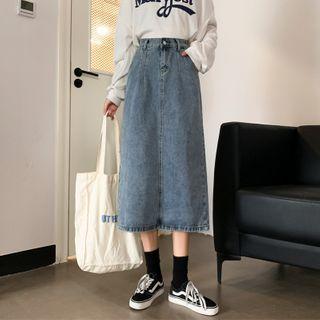 High-waist Washed Denim Midi Skirt