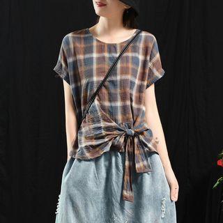 Short-sleeve Plaid Ribbon Top