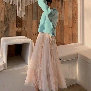 Fringed-trim Midi A-line Mesh Skirt