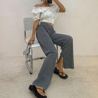 Slit-side Houndstooth Wide-leg Pants Black - One Size