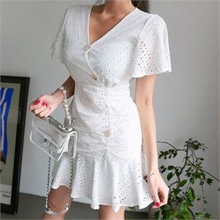 Ruffle-sleeve Eyelet-lace Minidress