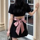 Short-sleeve Double Breasted Pleated A-line Mini Dress