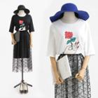 Set: Short-sleeve Printed Long Top + Maxi Lace Skirt