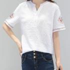 Short-sleeve Embroidered Buttoned V-neck Top