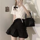 Short-sleeve Frill Trim Button-up Knit Top / Lace-up Pleated Mini A-line Skirt