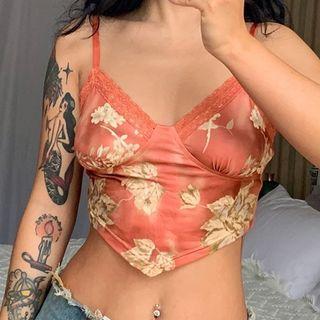 V-neck Lace-trim Floral Print Crop Camisole Top