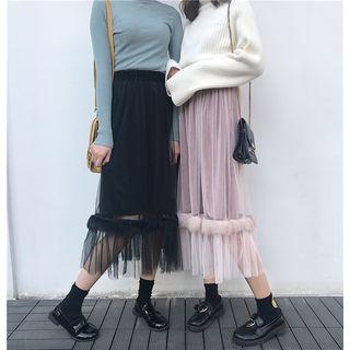 Faux Fur Trim Midi Mesh Skirt