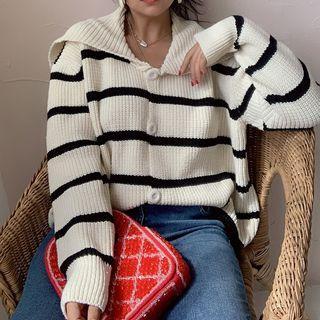 Sailor Collar Striped Cardigan White - One Size