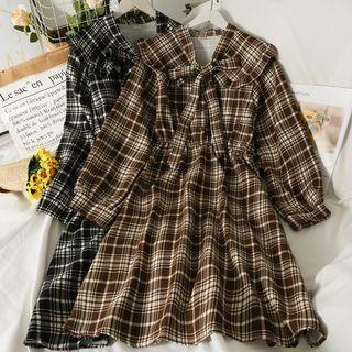 Ribbon-neckline Ruffle-trim Plaid Dress