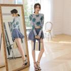 Set: Bow Accent Bikini + Swim Skirt + Long-sleeve Leaf Print Rashguard