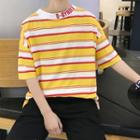 Elbow-sleeve Letter Trim Striped T-shirt