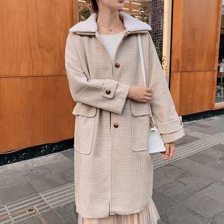 Fleece Collar Plaid Buttoned Long Coat