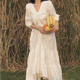 Short-sleeve Drawstring Front Ruffled Dress