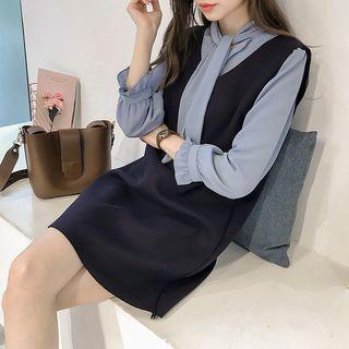 Set: Tie-neck Blouse + Sleeveless Mini Dress Blouse - Ash Blue - One Size / Dress - Navy Blue - One Size