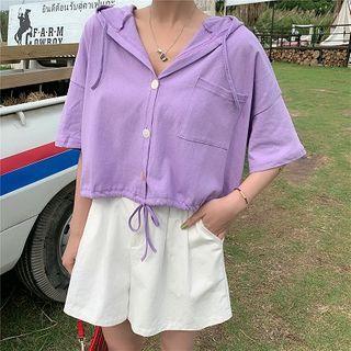 Hooded Pocket Detail Elbow-sleeve T-shirt