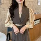 Long-sleeve Blouse / Cropped One-button Vest / Midi A-line Skirt
