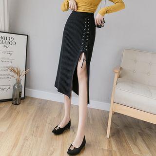 Midi Lace-up Ribbed Knit Skirt