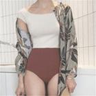 Set: Print Cover-up + Short-sleeve Swimsuit As Shown In Figure - One Size