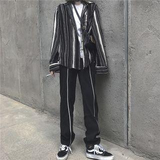 Long-sleeve Striped Shirt / Zip Wide-leg Pants