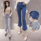 Faux Pearl Slit Boot Cut Jeans