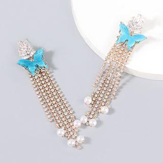 Butterfly Rhinestone Fringed Earring Blue - One Size