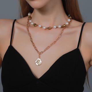 Alloy Disc Pendant Faux Pearl Layered Necklace 5098 - 01 - Gold - One Size