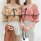 Open Shoulder Frilled Elbow-sleeve Chiffon Top