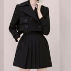 Set: Double-breasted Cropped Jacket + Belted Pleated Mini A-line Skirt