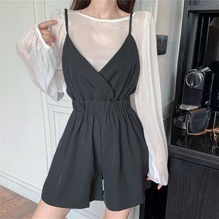 Long-sleeve Chiffon Blouse / Wide-leg Jumper Shorts