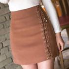Lace Up Faux Suede A-line Skirt