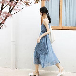 Spaghetti Strap Striped Midi A-line Dress