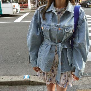 Balloon-sleeve Denim Jacket With Sash Blue - One Size