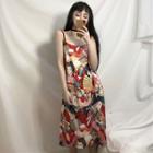 Spaghetti Strap Face Print A-line Midi Dress