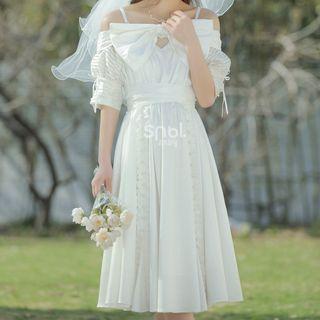 Short-sleeve Off-shoulder Bow A-line Dress
