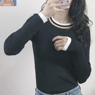 Round-neck Contrast-trim Long-sleeve Knit Top