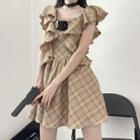 Dog Print Cropped T-shirt / Pleated Mini A-line Skirt / Plaid Mini A-line Dress