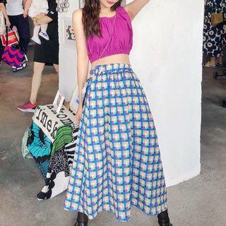 Shirred Cropped Tank Top / Patterned Midi A-line Skirt