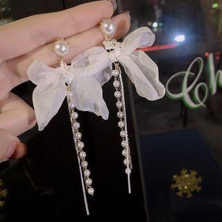 Ribbon Faux Pearl Fringed Earring 1 Pc - Silver - One Size