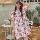 Puff-sleeve Round Neck Floral Mini A-line Dress