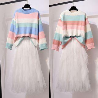 Striped Sweater / Layered A-line Midi Mesh Skirt / Set
