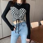 Long-sleeve Mock Two-piece Checkered Drawstring T-shirt